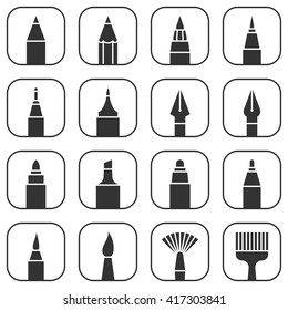 Monochrome silhouette artist's items. Painting drawing and writing tools icons set isolated on white background. Vector illustration for web-pages, apps