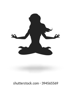 Monochrome silhouette beautiful young woman meditating and exercising yoga lotus position, vector illustration