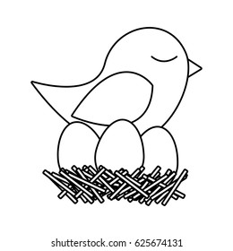 monochrome silhouette of bird in nest with eggs vector illustration