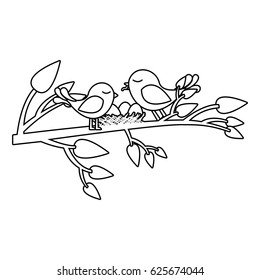 monochrome silhouette of birds and nest in tree branch vector illustration