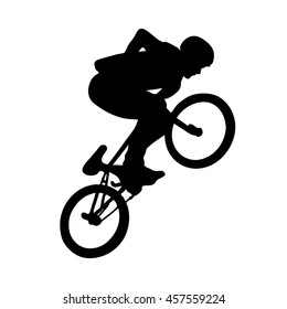 Monochrome silhouette of bmx cyclist isolated on white. Art vector illustration