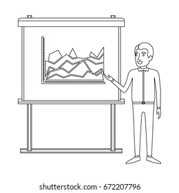 monochrome silhouette of businessman in casual clothes and reddish hair making presentation vector illustration
