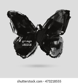 Monochrome Silhouette of butterfly isolated on white background. Abstract grunge decoration. Vector illustration.