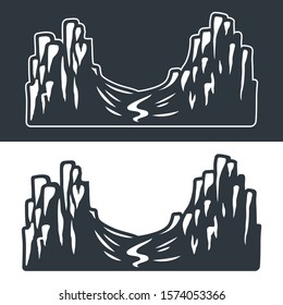 monochrome silhouette of canyon on a dark and light background