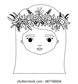 monochrome silhouette of caricature closeup front view face woman with straigh medium hairstyle and crown decorate with flowers vector illustration