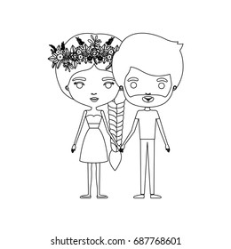 monochrome silhouette of caricature couple standing and her in dress with braided hair with floral crown and him with beard vector illustration