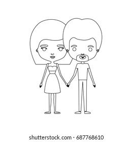 monochrome silhouette of caricature couple standing and him with short hair and van dyke beard and her with skirt and mushroom hairstyle vector illustration