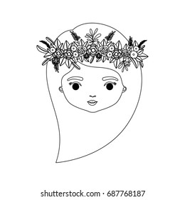 monochrome silhouette of caricature front view face woman with long side hairstyle and crown decorate with flowers vector illustration
