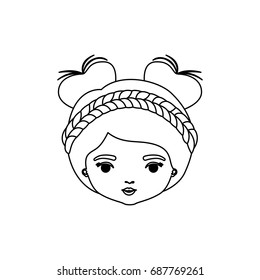 monochrome silhouette of caricature front view face woman with double bun collected and braided hairstyle vector illustration