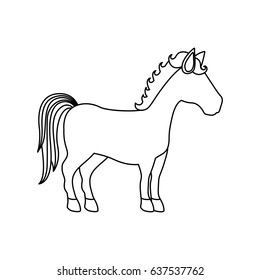 monochrome silhouette of caricature unicorn standing with striped tail and looking towards the right vector illustration