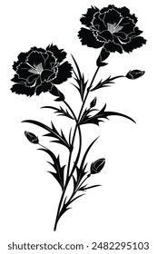 Monochrome silhouette of carnations blossoming on curved stems with foliage