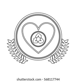 monochrome silhouette circle with decorative olive branch and heart with recycled symbol
