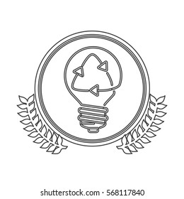monochrome silhouette circle with decorative olive branch and lightbulb with recycling symbol
