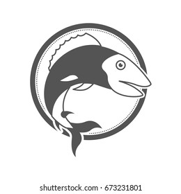 monochrome silhouette of circular shape emblem with trout fish vector illustration