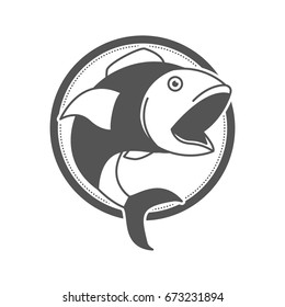 monochrome silhouette of circular shape emblem with open mouth fish vector illustration