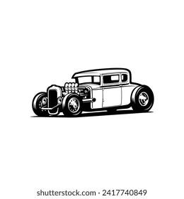 Monochrome silhouette of classic hot rod lowered car. Side view. Best for mechanic and garage related industry