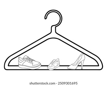 monochrome silhouette of clothes hanger with shoes icon vector illustration