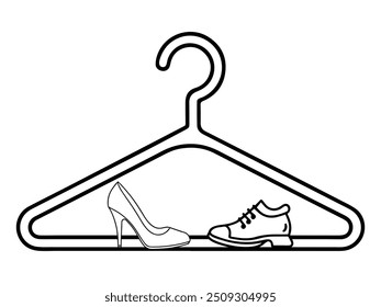 monochrome silhouette of clothes hanger with shoes icon vector illustration