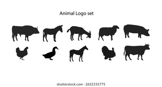 Monocromática Silhueta Coleção Farm e Selvagem Logos Animais Apresentando Pecuária Doméstica, Aves de Capoeira e Aves de Caça para Branding e Iconografia Design