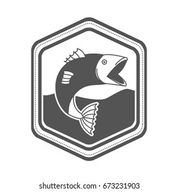 monochrome silhouette of diamond shape emblem with fish bigmouth in the river vector illustration