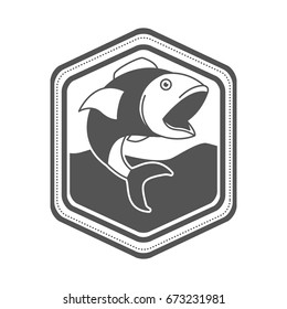 monochrome silhouette of diamond shape emblem with open mouth fish in the river vector illustration
