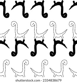 Monochrome silhouette diplodocus dinosaurs seamless pattern. Minimalism print for tee, paper, textile and fabric. Simple vector illustration for decor and design.
