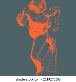Monochrome silhouette of diver. Mesh grid texture