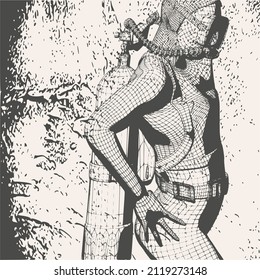 Monochrome silhouette of diver. Mesh grid texture