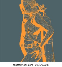 Monochrome silhouette of diver. Mesh grid texture
