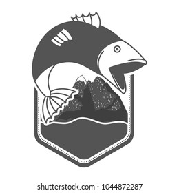 monochrome silhouette emblem mountains and river with fish bigmouth jumping outside