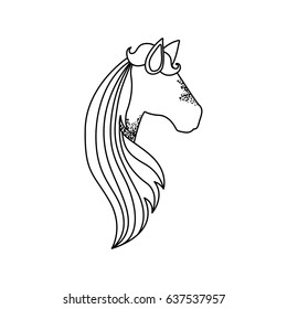 monochrome silhouette of faceless side view right of unicorn and long striped mane vector illustration