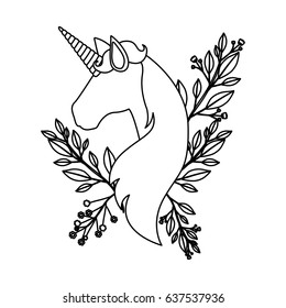 monochrome silhouette of faceless unicorn with floral decoration vector illustration