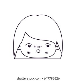 monochrome silhouette of facial expression enamored kawaii little girl with short hair vector illustration