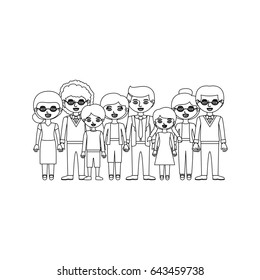 monochrome silhouette with family group with informal clothes and some adults with glasses and a man with curly hair vector illustration