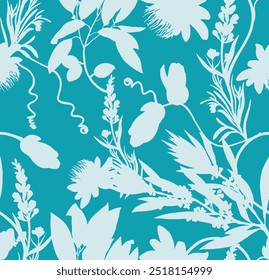 monochrome silhouette floral garden tropical illustration background seamless pattern repeat print fashion clothing textile fabric vector artwork