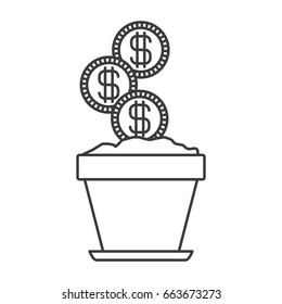monochrome silhouette of flower pot with set of coins vector illustration