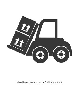 monochrome silhouette with forklift truck with forks and boxes