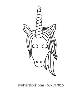 monochrome silhouette of front face of female unicorn with closed eyes and mane vector illustration