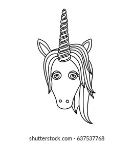 monochrome silhouette of front face of unicorn with mane vector illustration