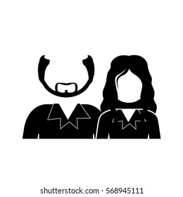 monochrome silhouette with half body couple without face she long hair and him with beard and bald