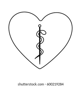 monochrome silhouette of heart with asclepius snake coiled vector illustration