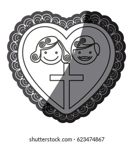 monochrome silhouette heart decorative frame with couple and wooden cross inside vector illustration