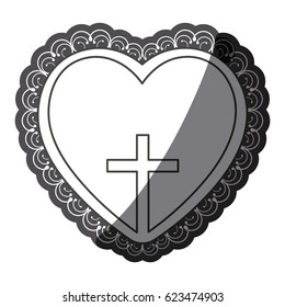 monochrome silhouette heart decorative frame with small wooden cross inside vector illustration