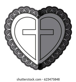 monochrome silhouette heart decorative frame with wooden cross inside vector illustration