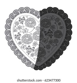 monochrome silhouette heart with decorative frame and pattern of flower and butterflies vector illustration