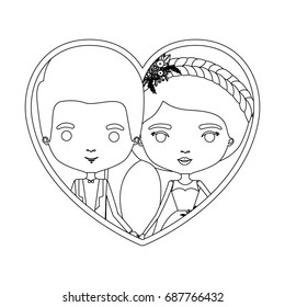 monochrome silhouette heart shape portrait caricature of newly married couple groom with formal wear and bride with ponytail side long hairstyle vector illustration