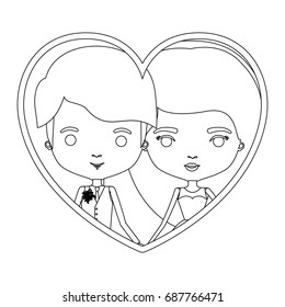monochrome silhouette heart shape portrait caricature of newly married couple young groom with formal wear and bride with long hairstyle vector illustration