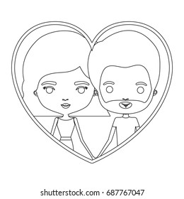 monochrome silhouette heart shape portrait caricature with couple and him with short hair and beard and her with wavy short hairstyle vector illustration