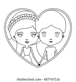 monochrome silhouette heart shape portrait caricature with couple and her with dress and pigtails hairstyle and him with short hair vector illustration