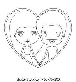 monochrome silhouette heart shape portrait caricature with couple and her with dress and long hair and him with short hair and beard vector illustration